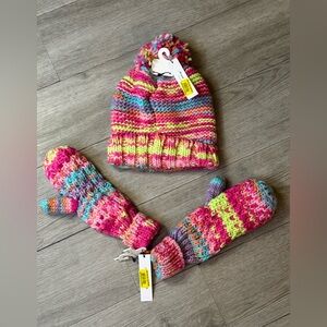 Anna And Ava Pink Muticolor Knit Pom Beanie And Mittens Brand New NWT